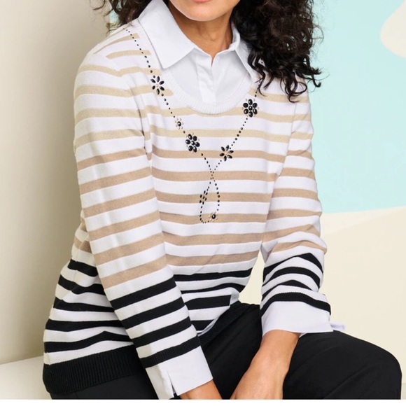 Alfred Dunner
Women Neutral Territory Collar Trimmed Embellished Stripe Sweater - Picture 1 of 7